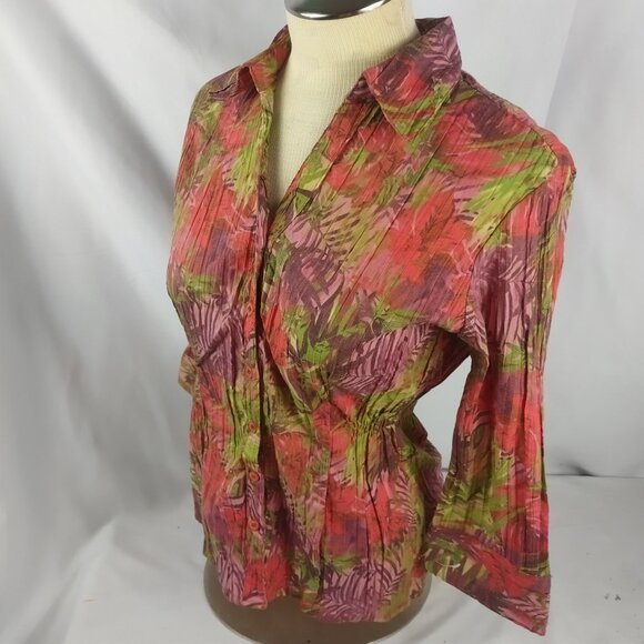 Lemon Grass Studio Women's Long Sleeve Blouse Red/Green Tropical Size Medium - Picture 3 of 6